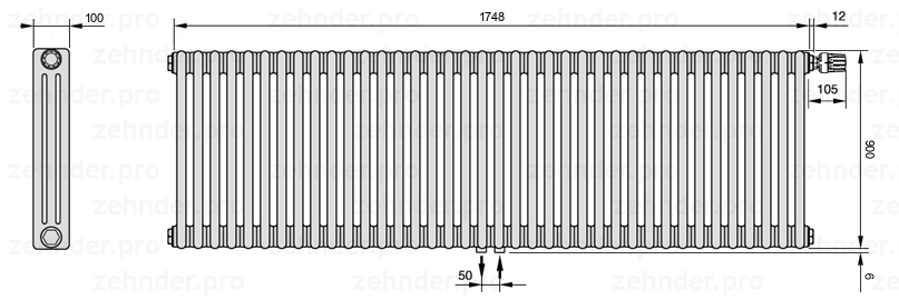 Схема (чертеж) Радиатор Zehnder Charleston 3090/38 №V008 Белый глянцевый RAL 9016